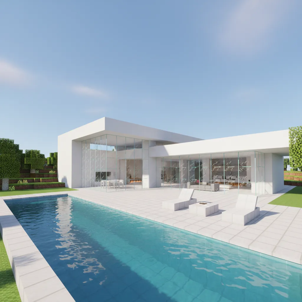 Minimalist modern Minecraft house with glass walls and flat roof