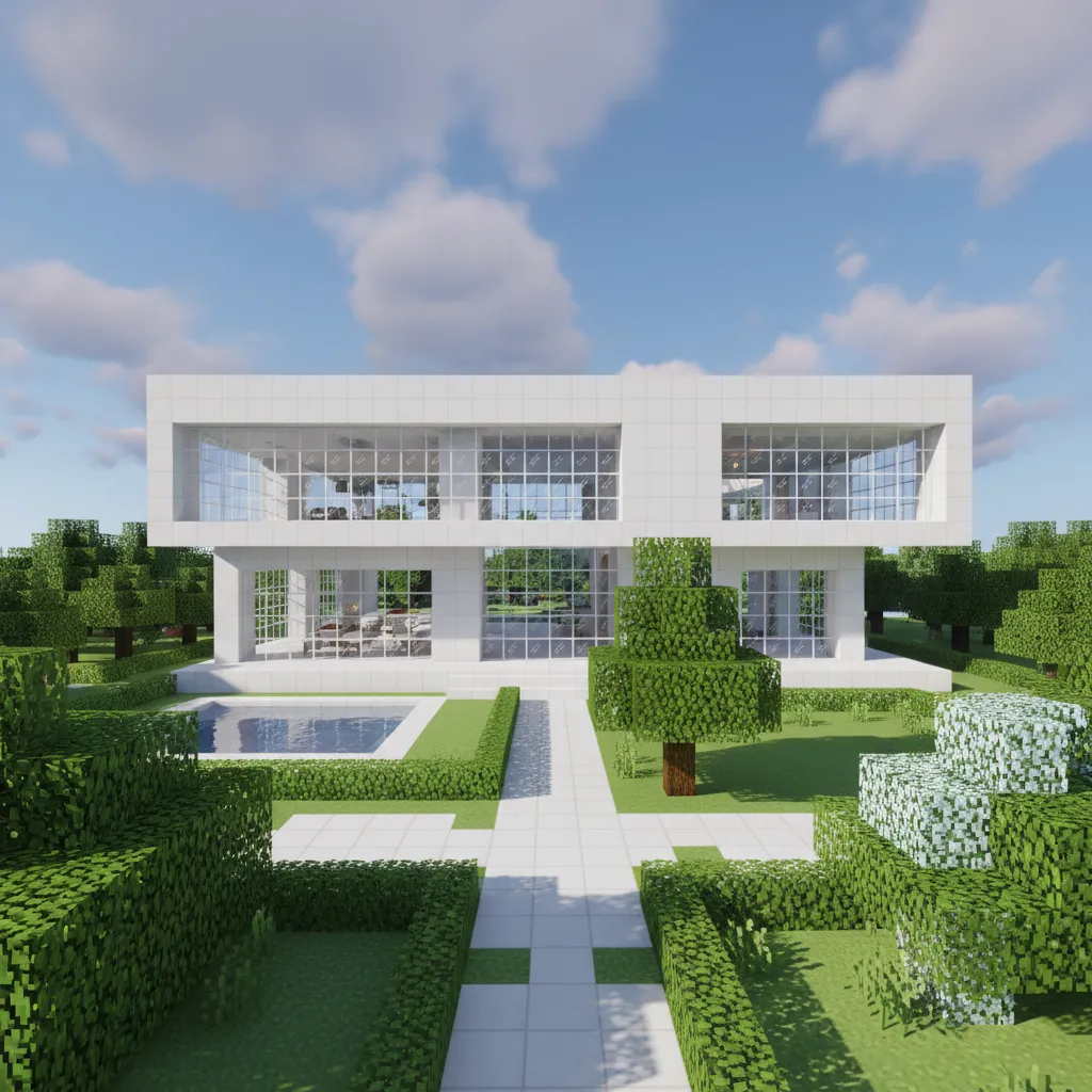 large modern minecraft house with glass walls and minimalist design