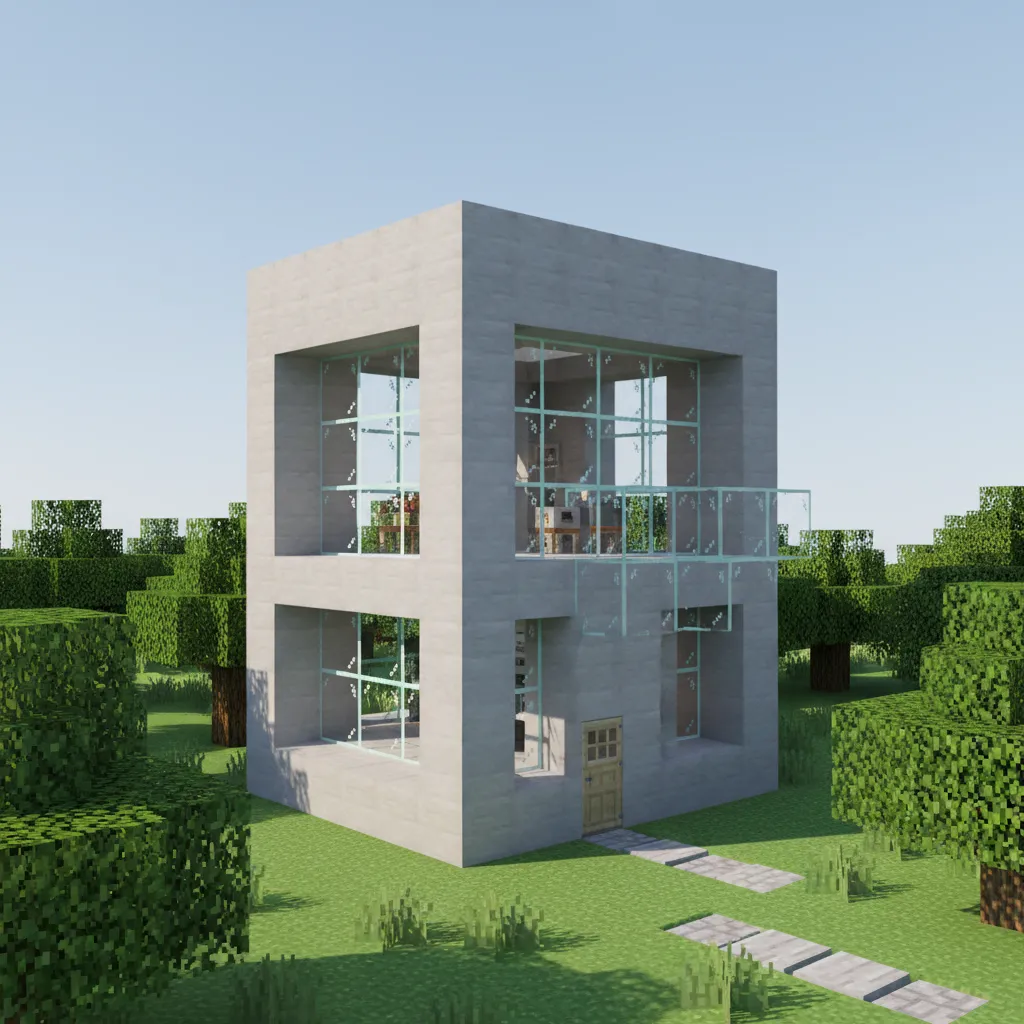 compact modern Minecraft survival base using smooth stone and glass