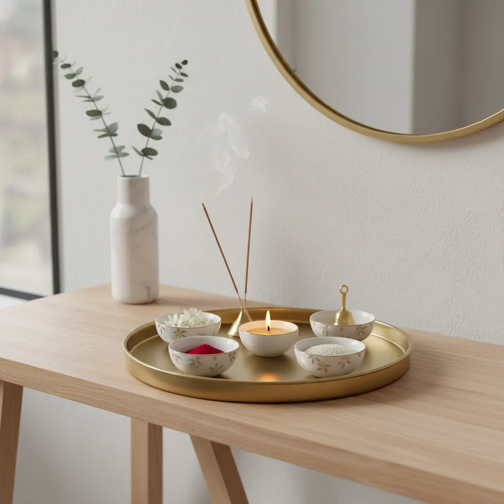 modern minimalist Diwali pooja thali decoration with metallic tray