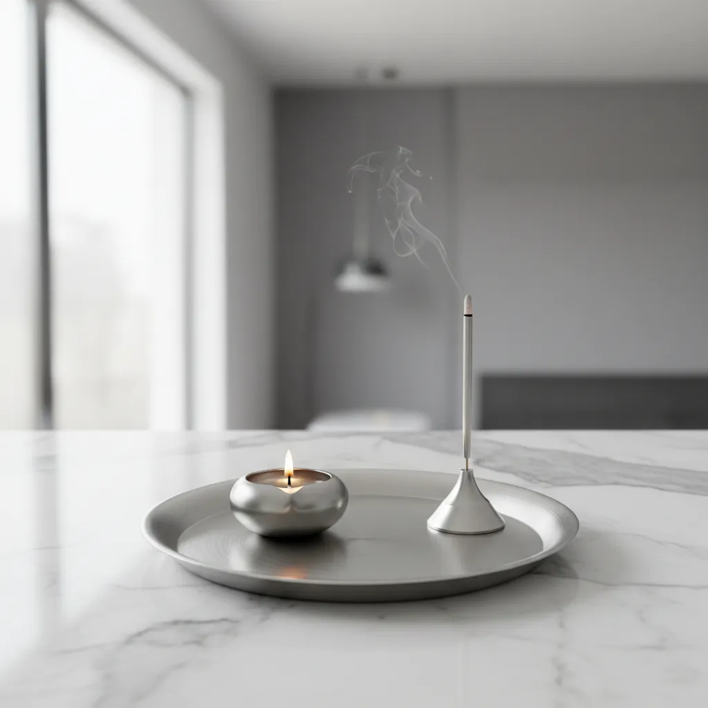 Minimal modern silver pooja thali with clean brushed finish