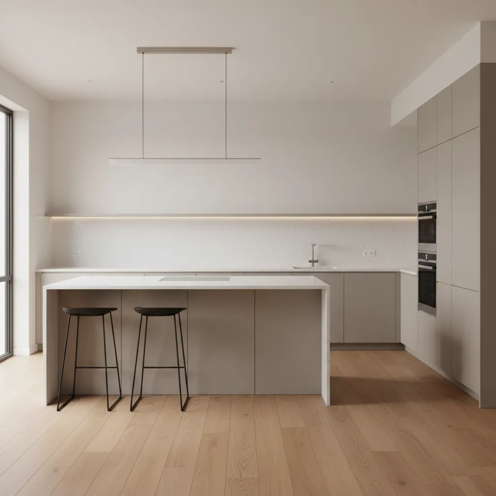 Minimalist modern kitchen with simple cabinetry and affordable materials