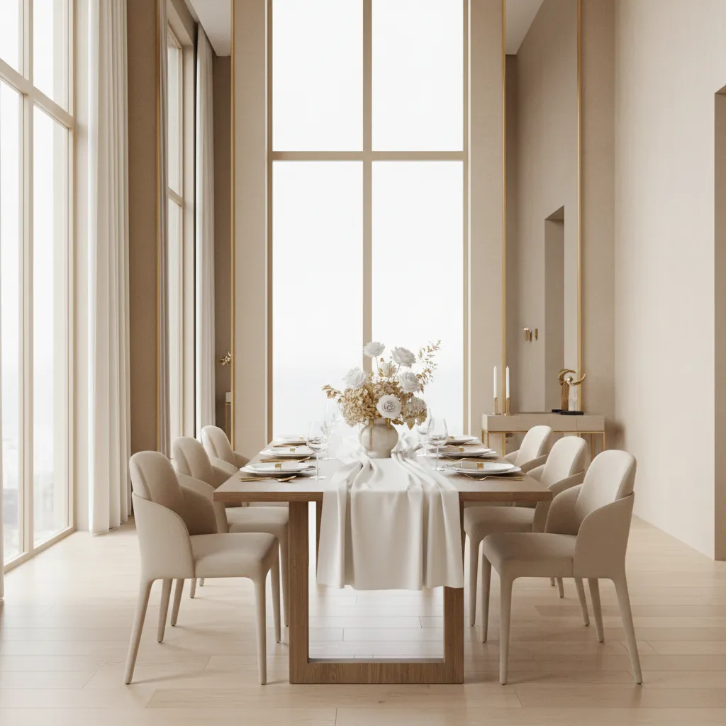 modern minimalist First Communion party table with neutral colors and simple flowers