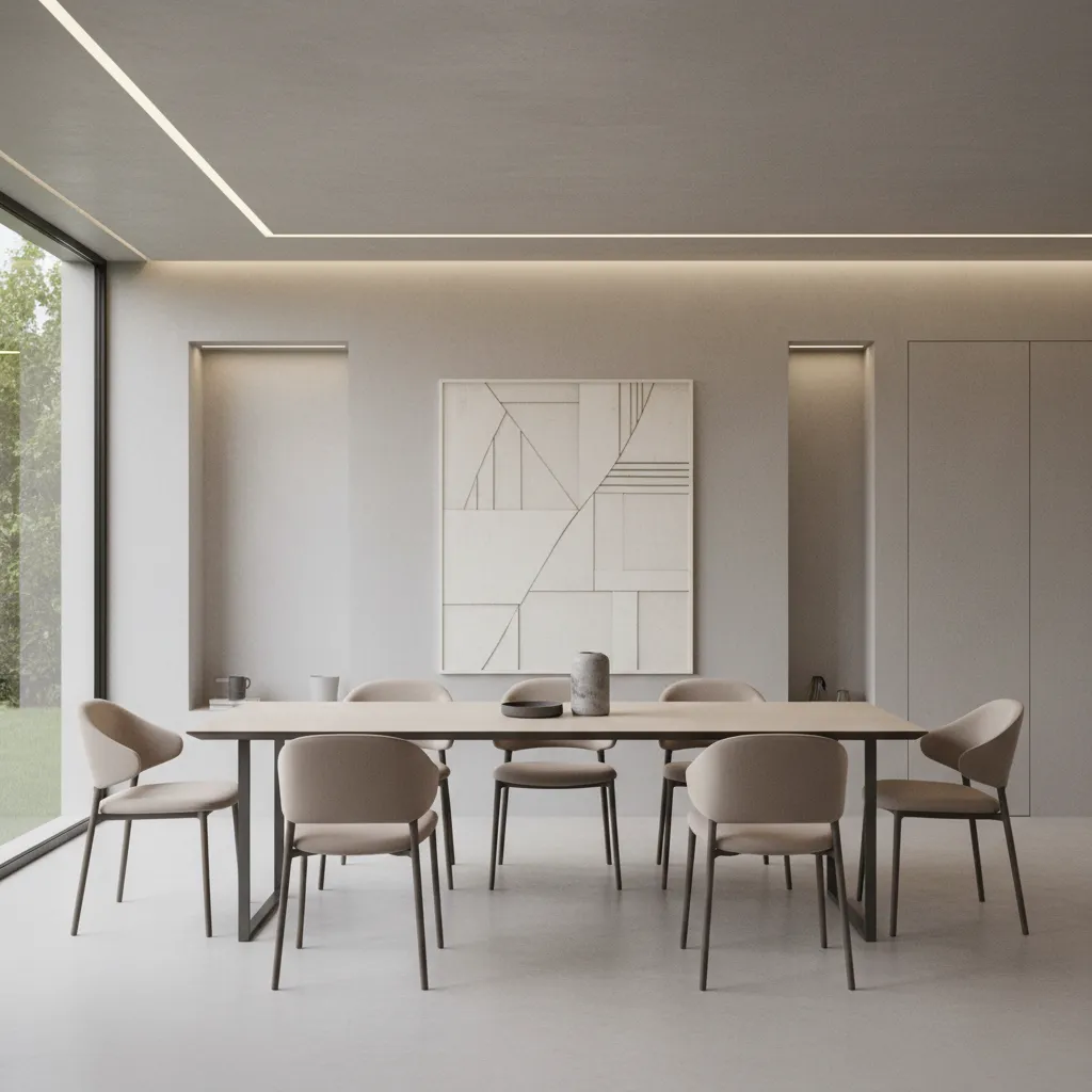 Modern minimalist dining table with slim legs in a contemporary dining space