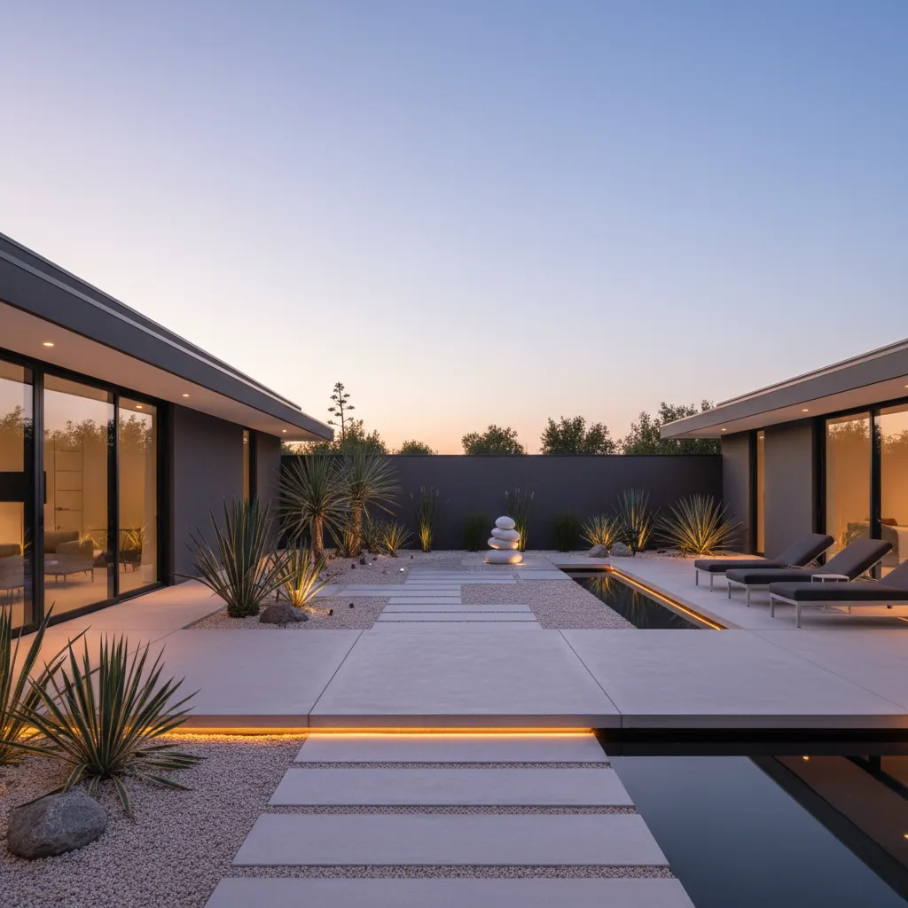 Modern minimalist garden at sunset with stone paths gravel plants small pond and floor lights