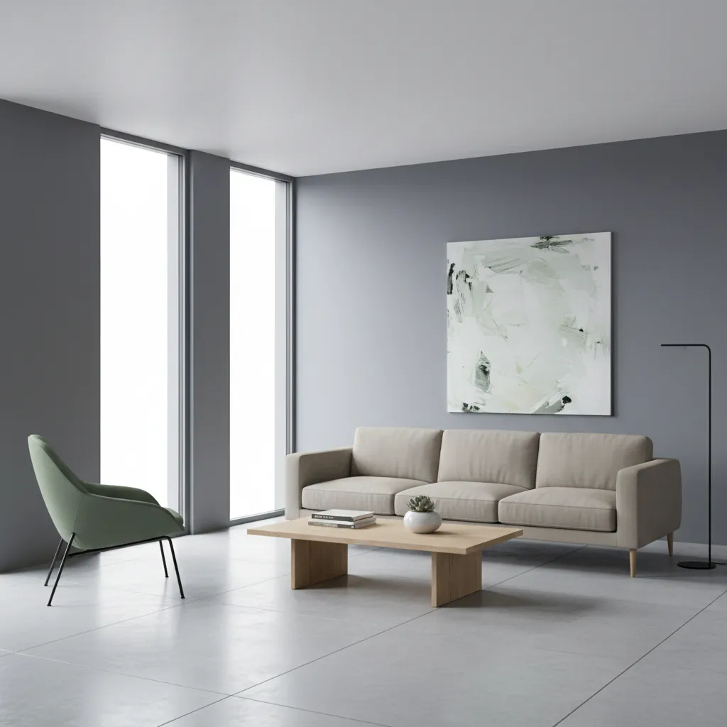 Modern minimalist furniture in gray and green interior design