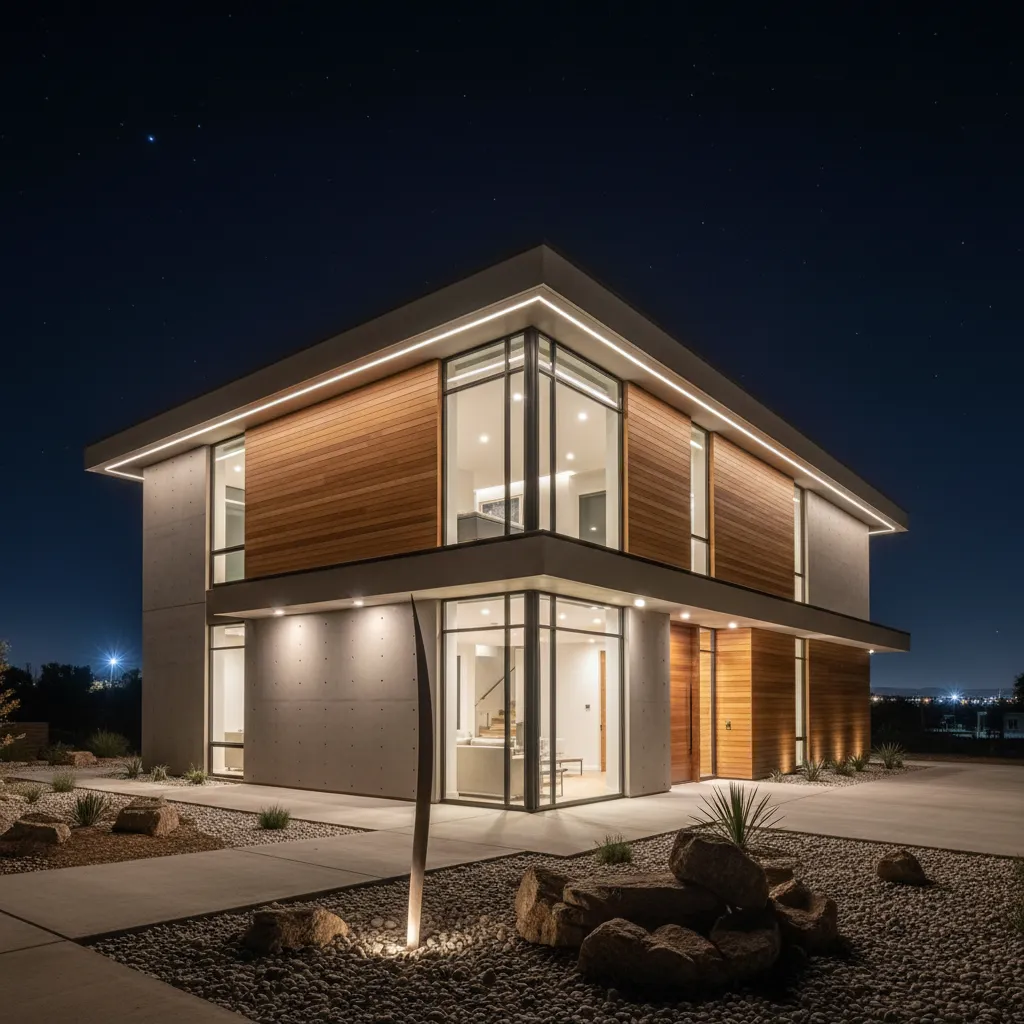 Modern house exterior at night featuring wood panels, large windows, concrete walls, and garden rocks