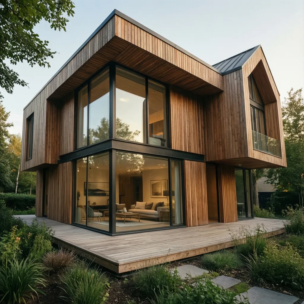 Fachada minimalista con grandes ventanas y detalles en madera