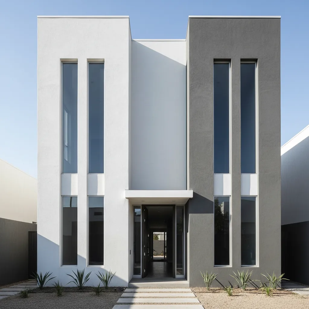 Fachada moderna minimalista con grandes ventanas verticales y líneas limpias