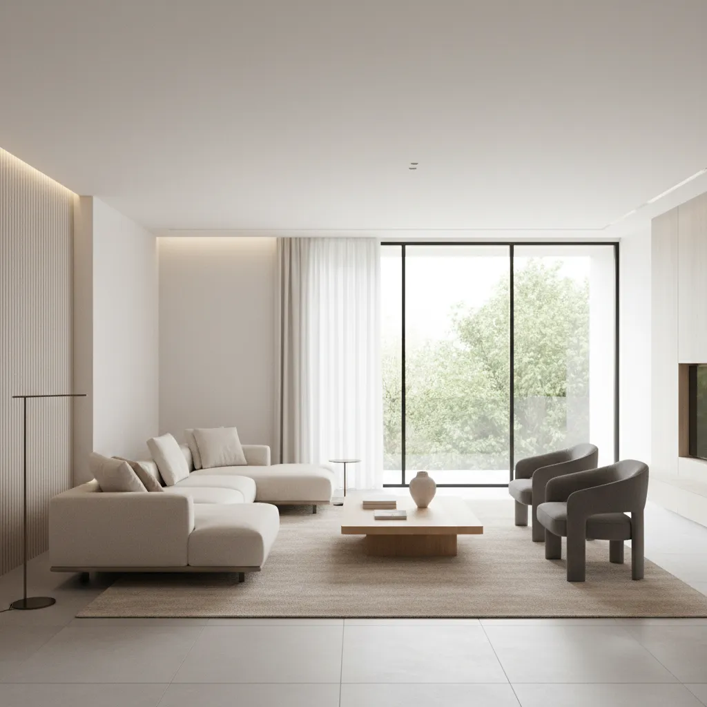 Modern minimalist living room with white sofa grey chairs wood coffee table and large windows
