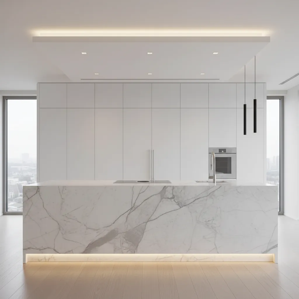 Cocina minimalista moderna con líneas limpias y materiales continuos