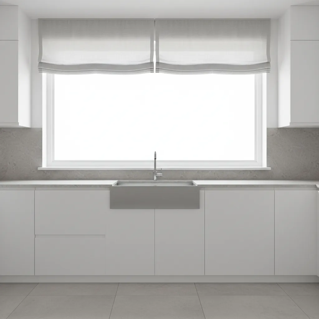 Modern kitchen window with minimalist valance and bright natural lighting
