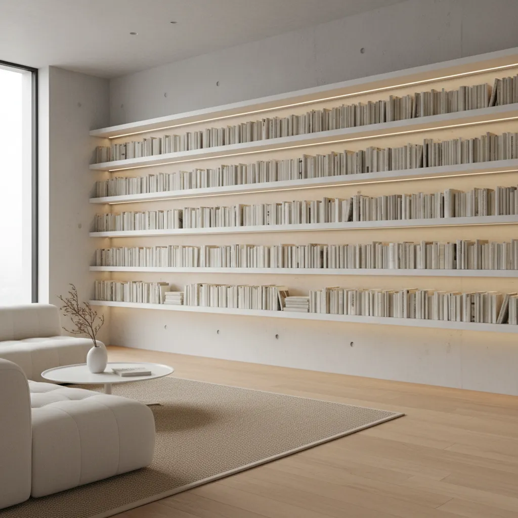 Biblioteca minimalista con estantes flotantes y diseño moderno