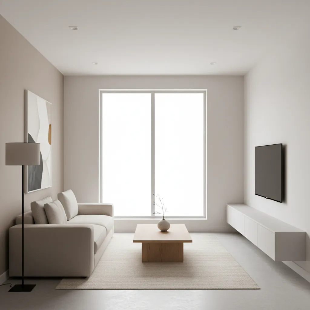 modern minimalist living room with neutral colors and open space