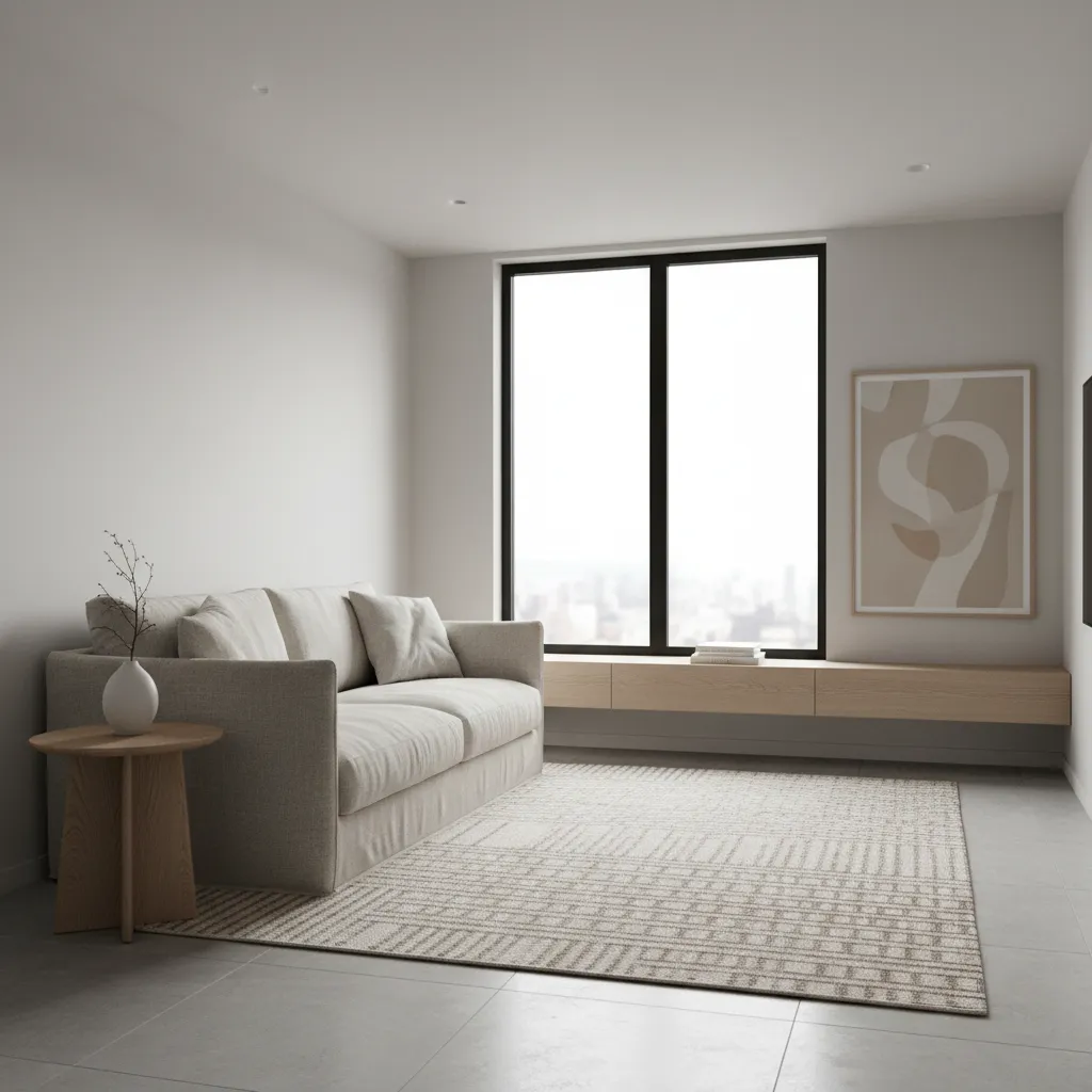 Modern minimalist small living room with natural light and simple furniture