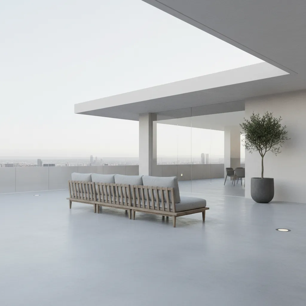 modern minimalist second floor terrace with simple furniture and clean lines