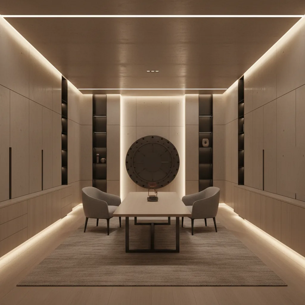 modern minimalist vault room with clean lighting and concealed storage walls
