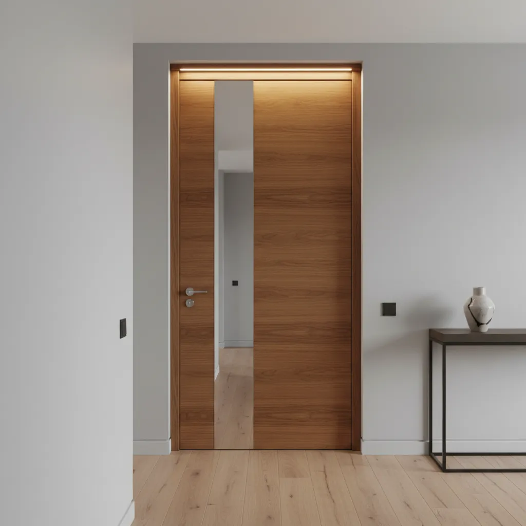 Puerta interior moderna con panel espejo vertical minimalista