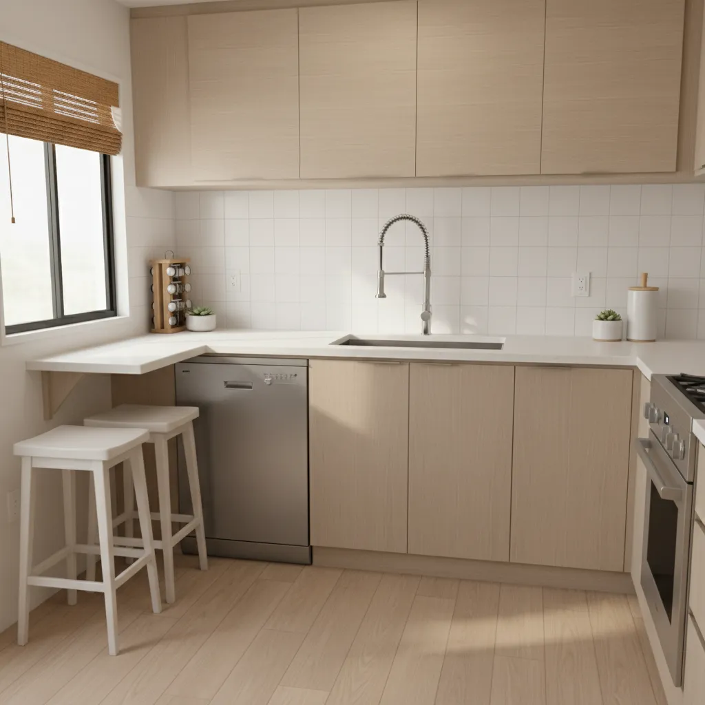 Modern chrome kitchen faucet upgrade in a small mobile home kitchen