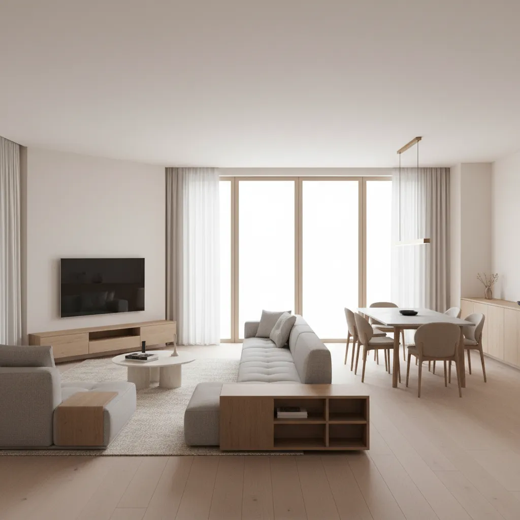 Modern open plan living room with grey sofa wooden floor dining table and large windows