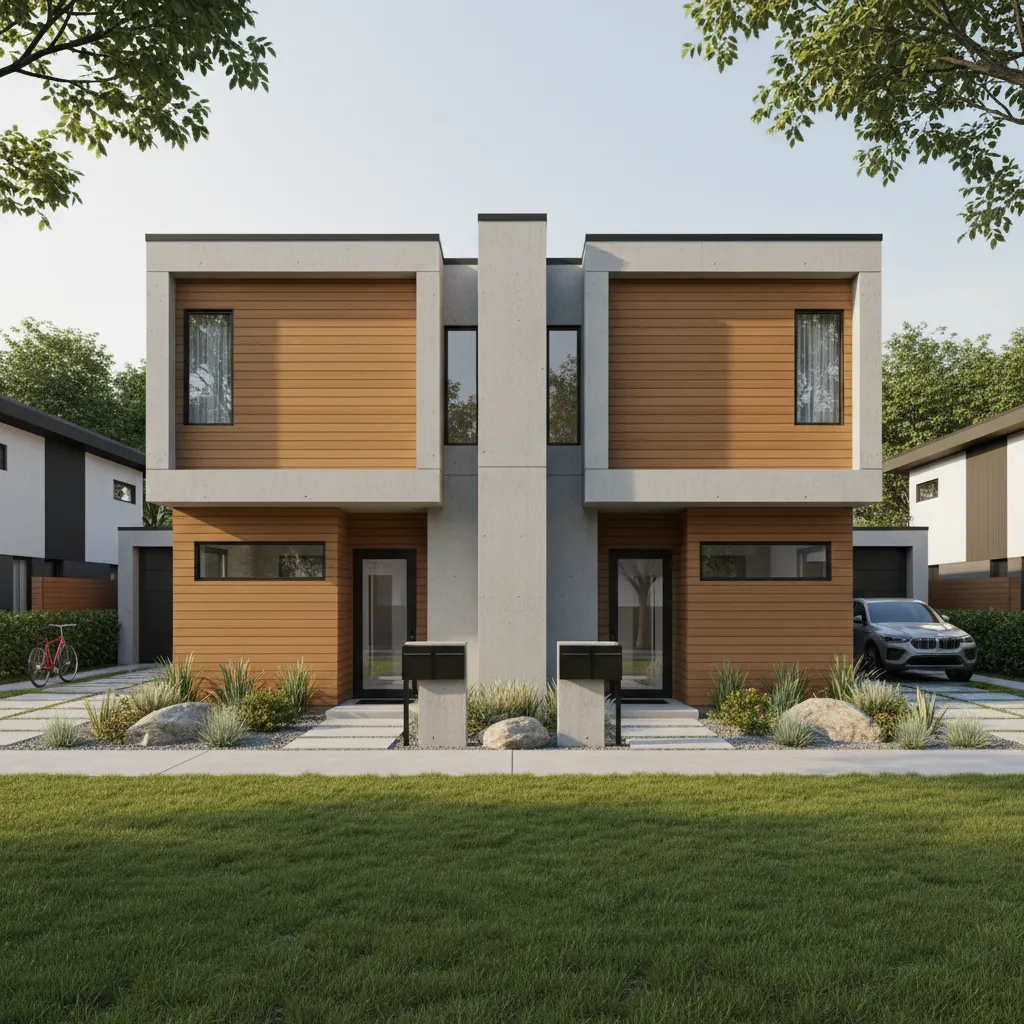 Modern modular duplex exterior showing two private entrances and balanced layout
