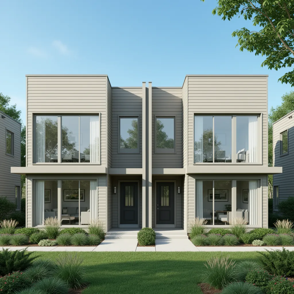 modern modular duplex home exterior with symmetrical layout