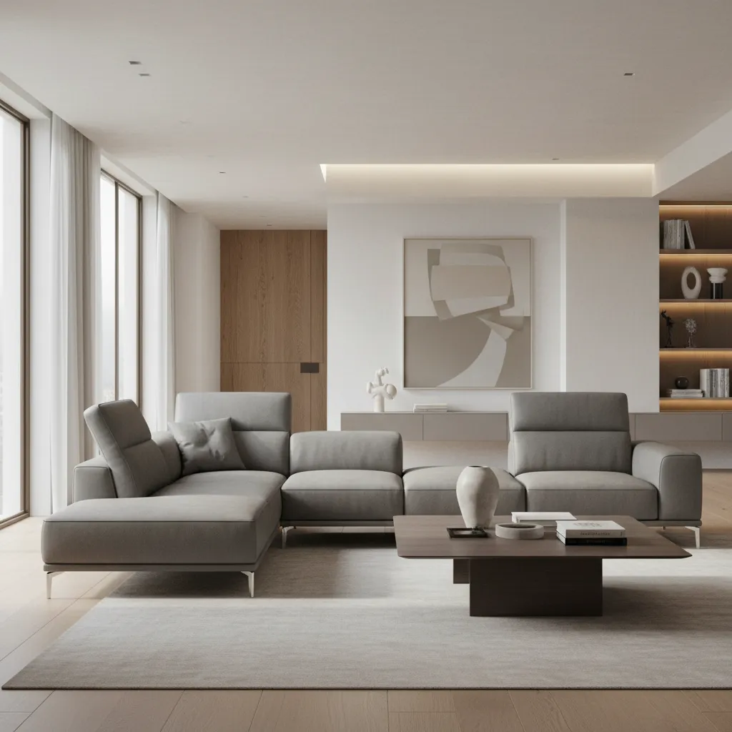 Contemporary modular grey leather sectional sofa in a modern living room
