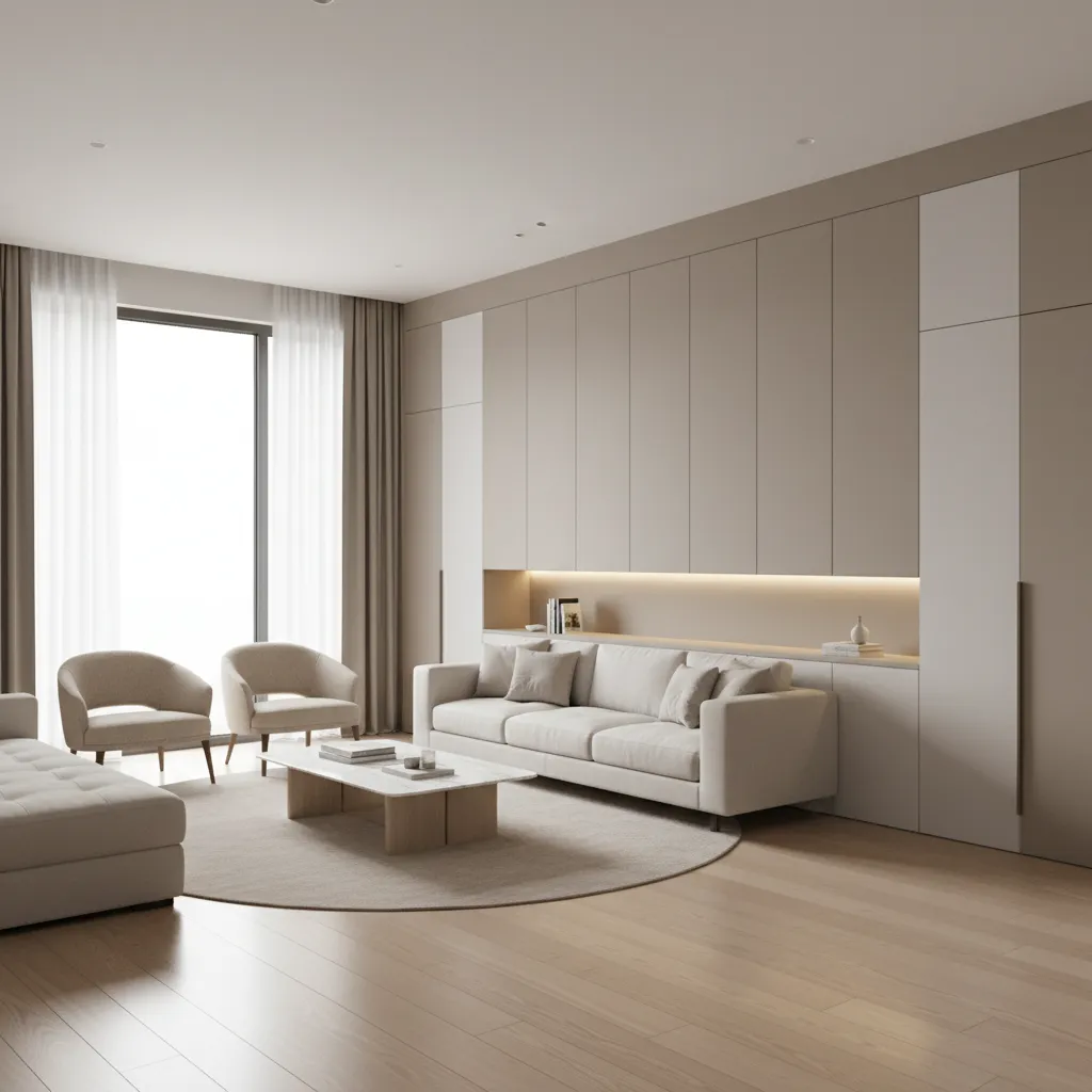 modern modular apartment interior with wardrobe storage and clean living room layout