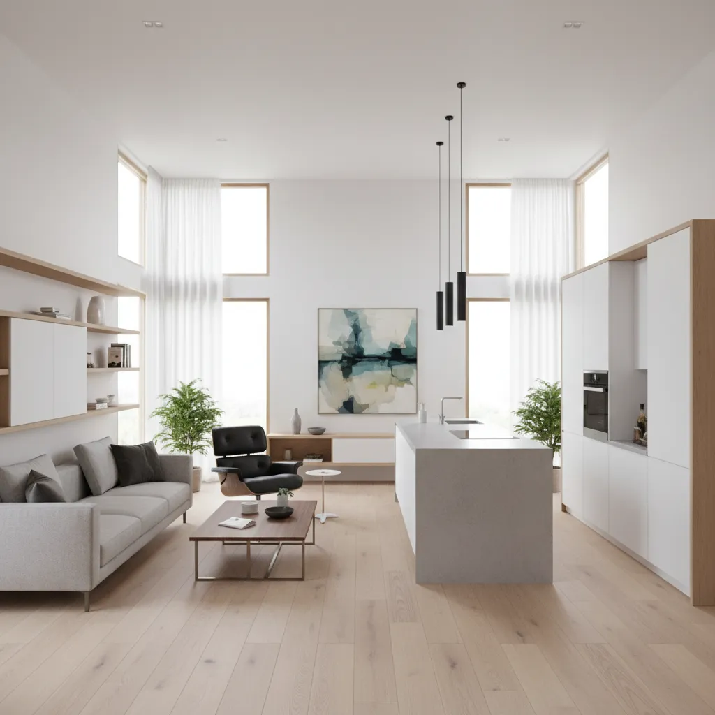Interior de casa modular con salón y cocina abiertos