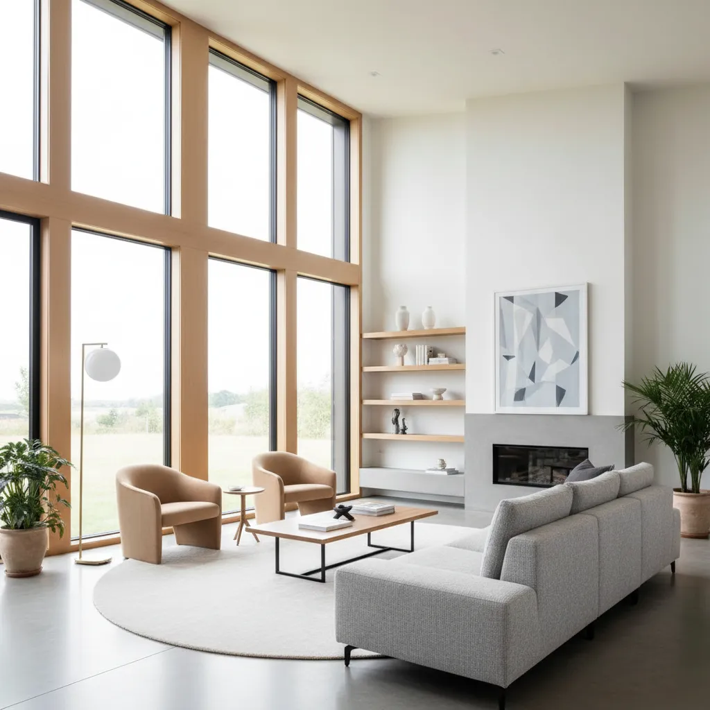 Sala de estar luminosa en una casa modular de diseño