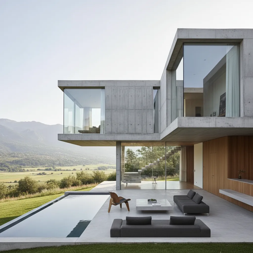 Modern concrete house with swimming pool and grey sofas on terrace overlooking mountains and valley