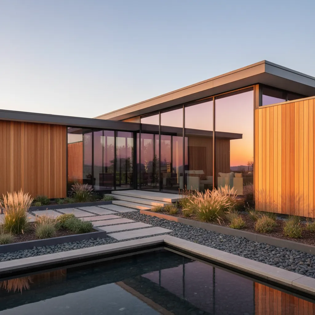 Exterior de una casa modular moderna con fachada minimalista y grandes ventanales