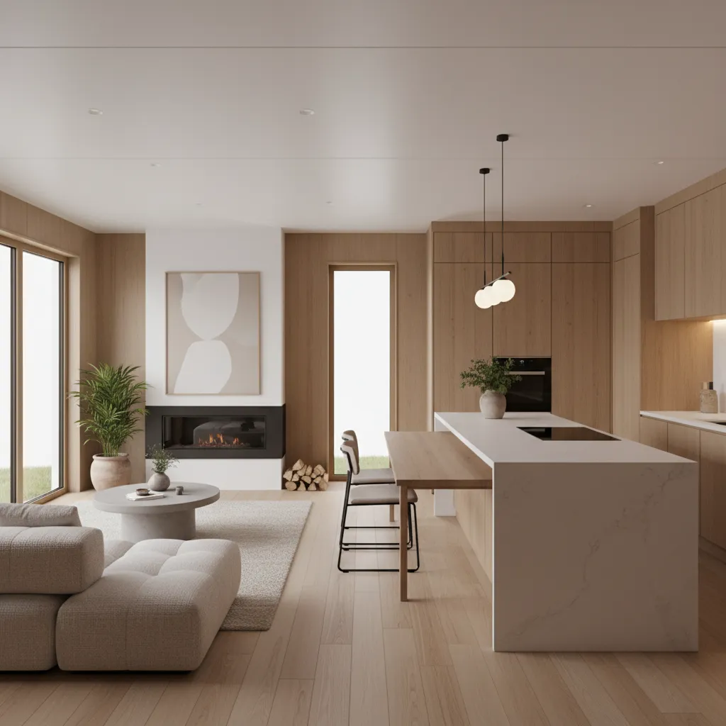 Interior de casa prefabricada moderna con cocina abierta y salón