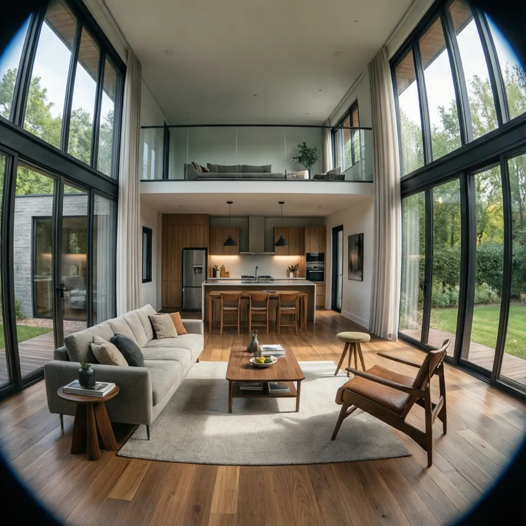 Interior moderno de casa modular con espacio abierto