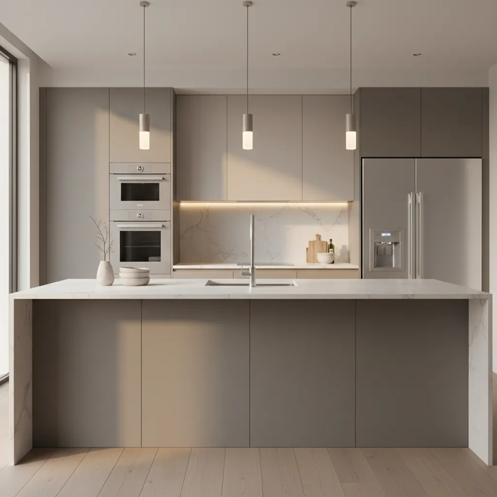 Modern kitchen with grey cabinets marble island three ceiling lights large fridge and wood floor