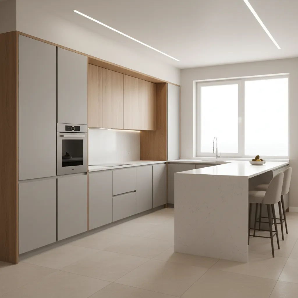 modern modular kitchen with clean cabinet modules and integrated appliances