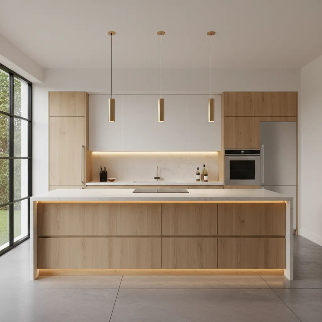 completed modern modular kitchen with cabinets island lighting and appliances