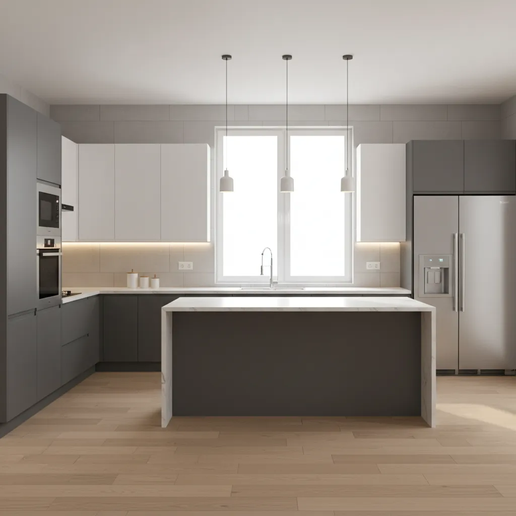 modern modular kitchen interior with clean cabinet layout and island