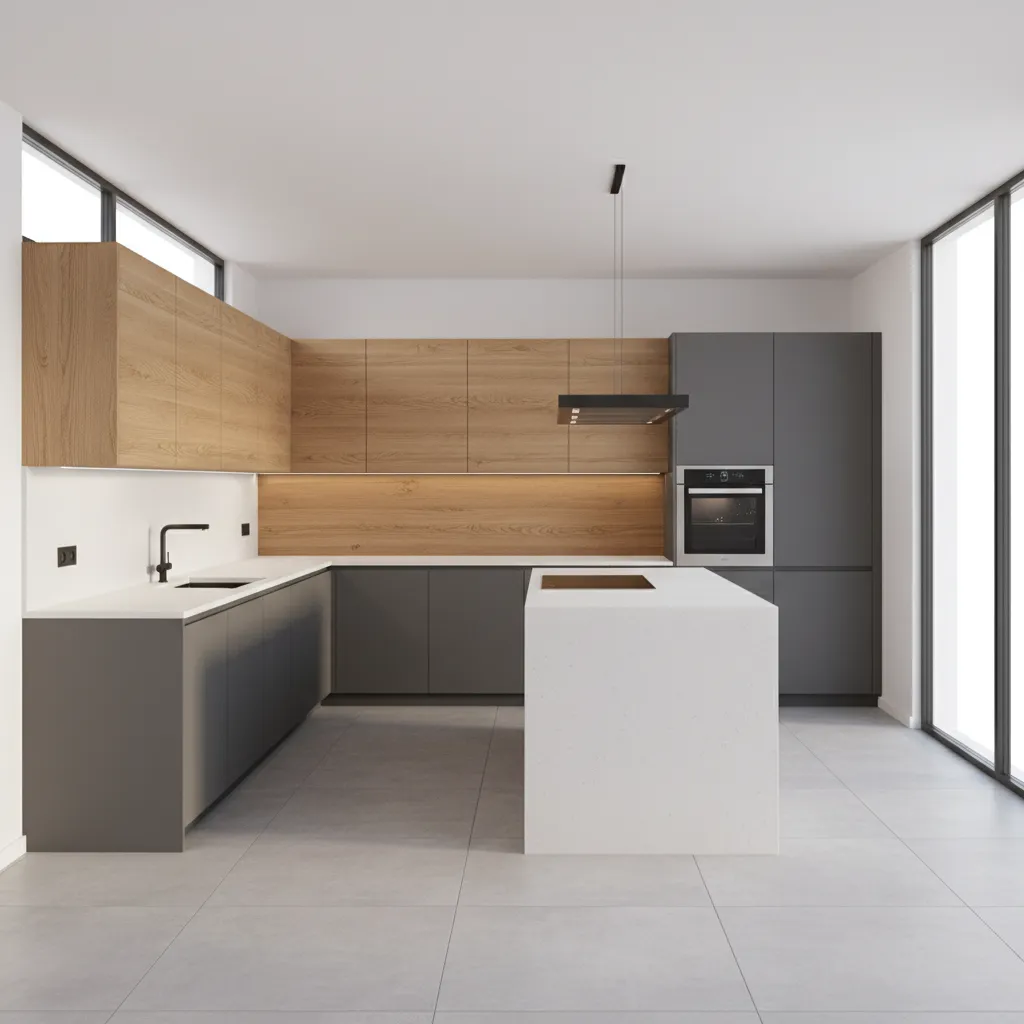 modern modular kitchen layout with cabinets drawers and island storage