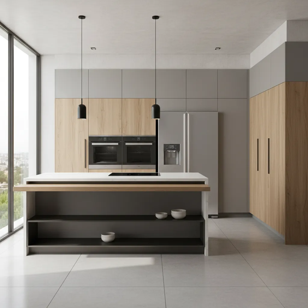 Modern modular kitchen interior showing cabinets, island and organized storage