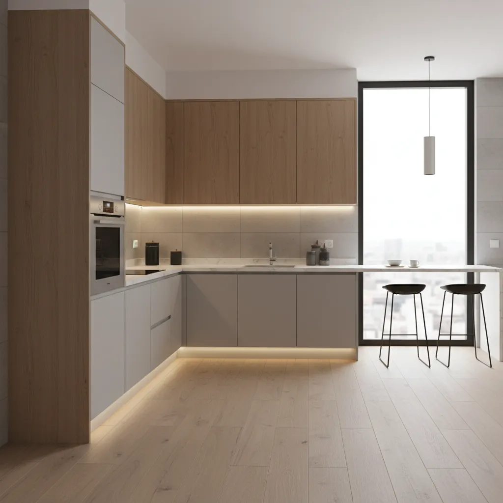 modern modular kitchen interior with cabinets countertop and appliances