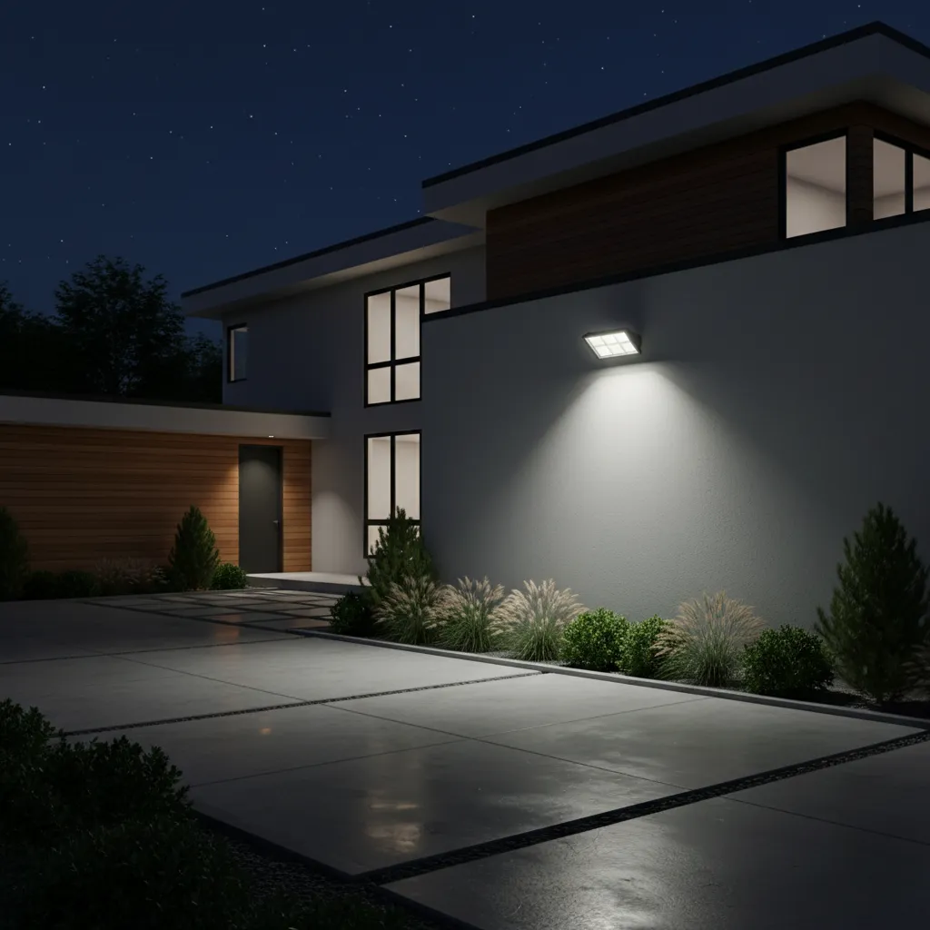 Modern LED motion sensor light illuminating driveway and walkway