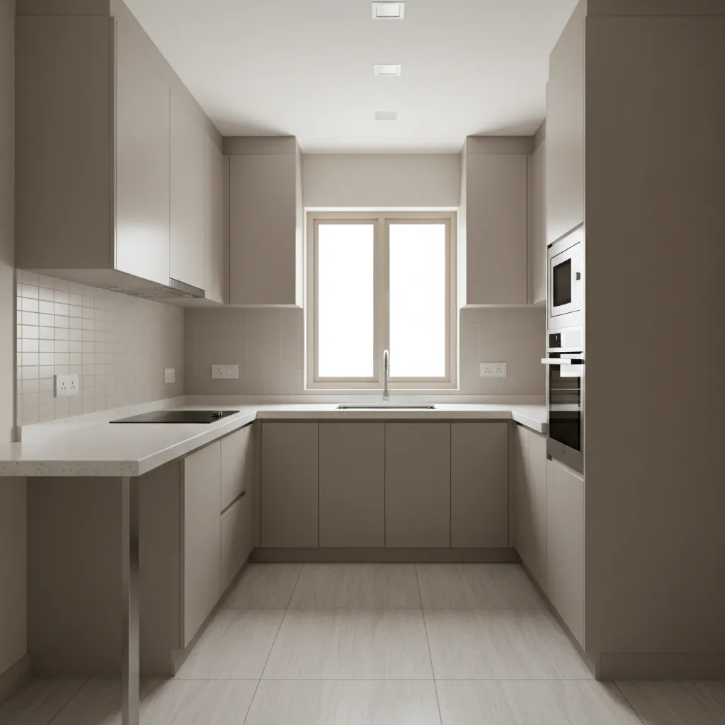 Compact modern kitchen interior in a Mumbai apartment with modular cabinets