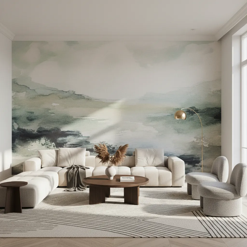Interior moderno con mural artístico de papel pintado