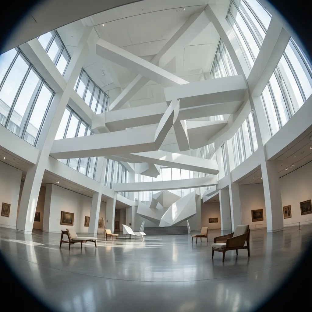 Modern museum interior design drawing with white crossing beams, glass windows, and chairs on floor