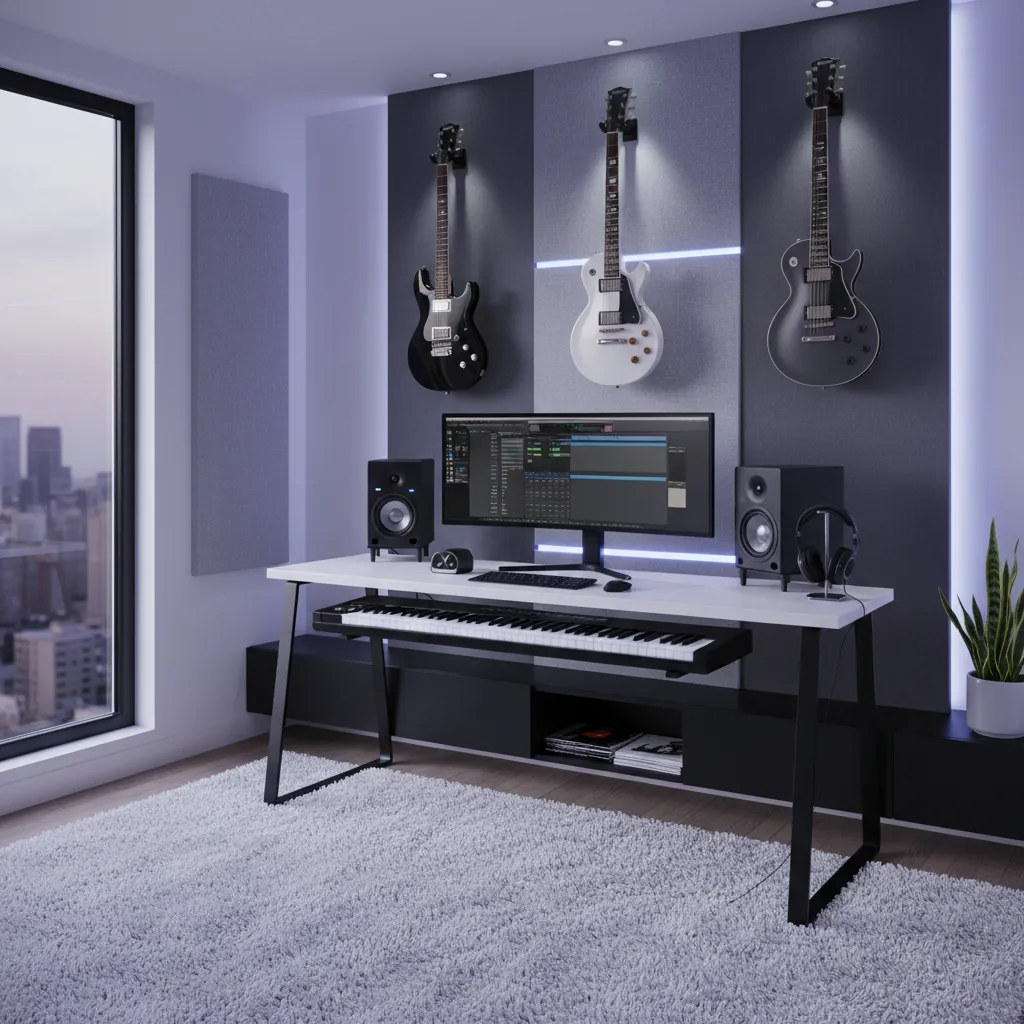 modern music room decor with sleek desk LED lighting and digital instruments