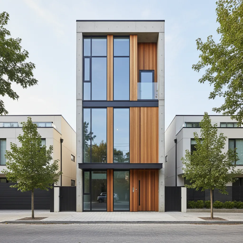 Fachada moderna de casa rectangular estrecha