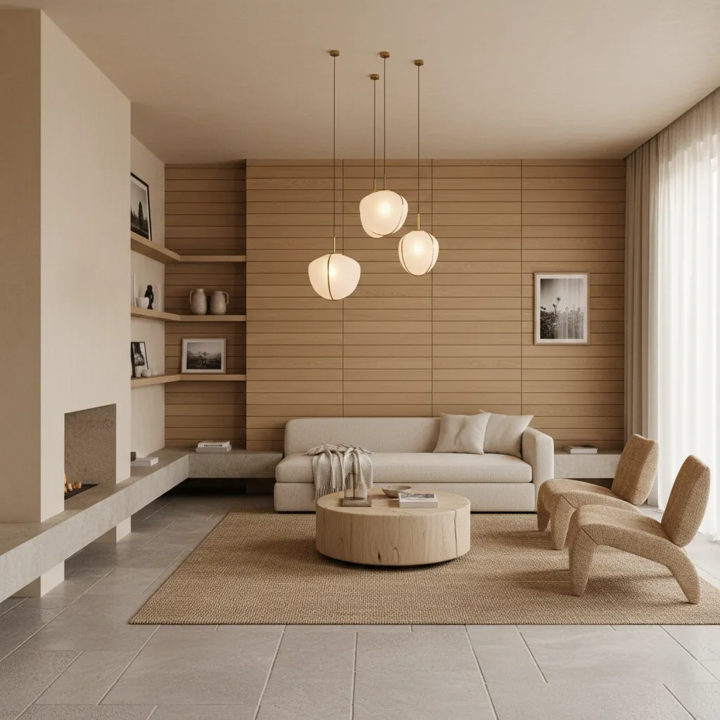 Interior moderno con madera, piedra y materiales naturales