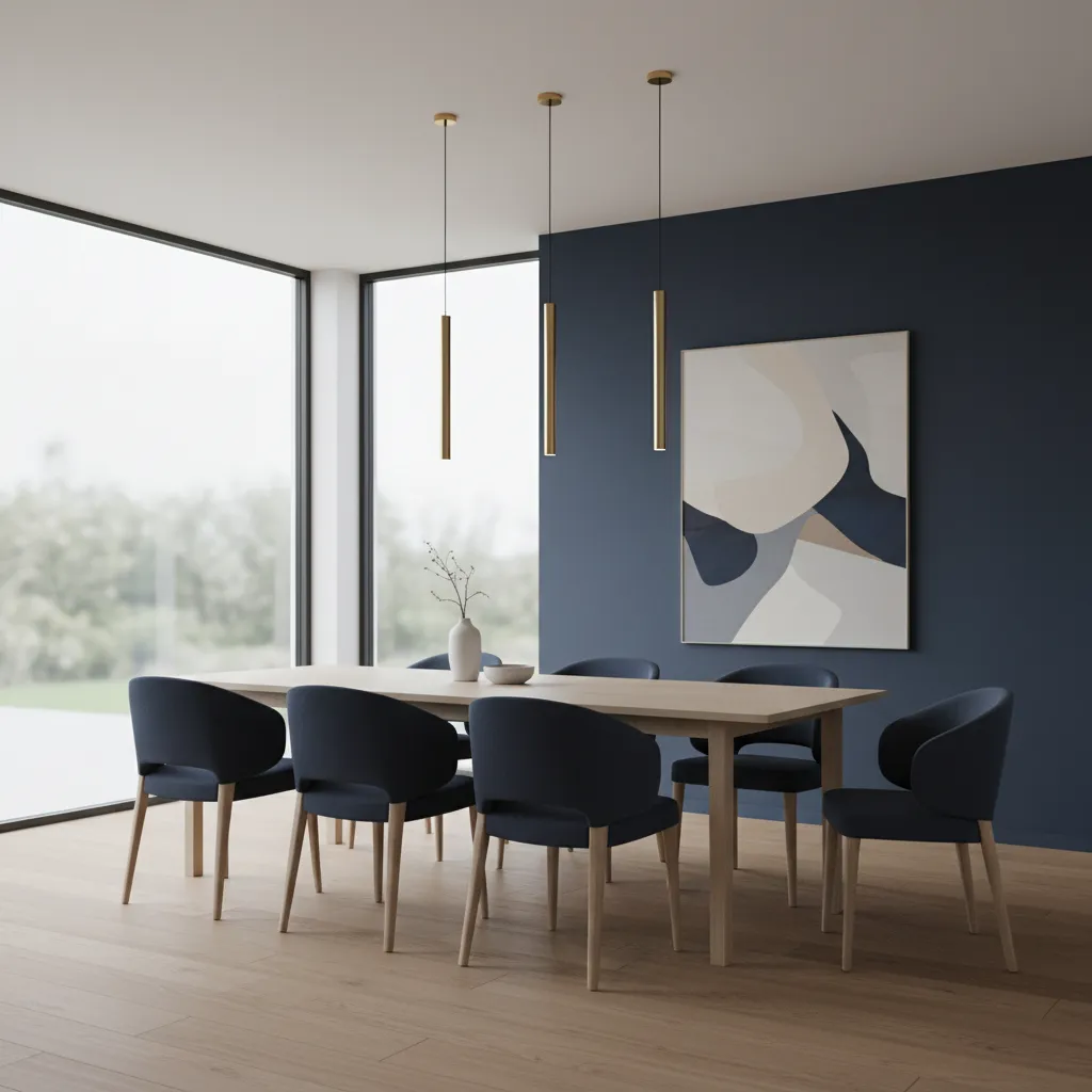 Modern navy dining room with minimalist gold pendant lights