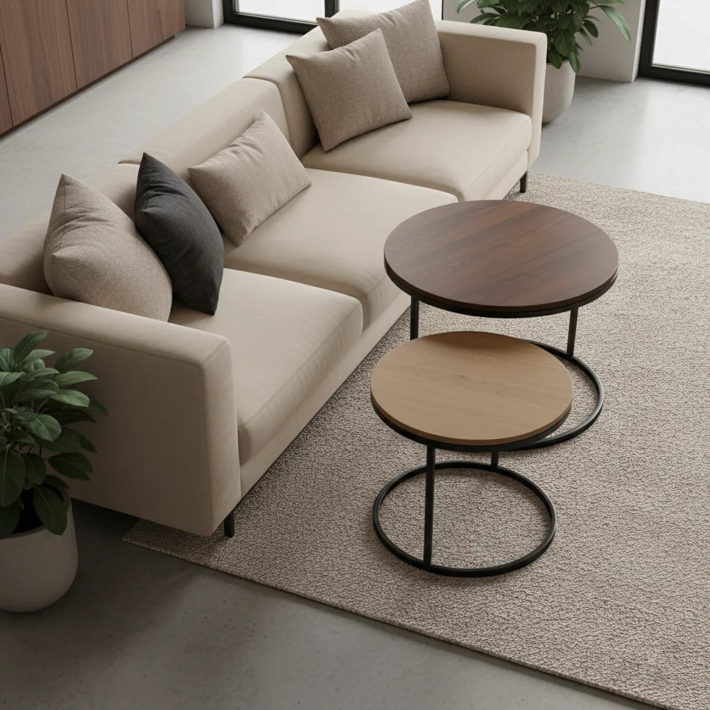 Two round wooden nesting side tables placed in front of beige sofa with grey pillows